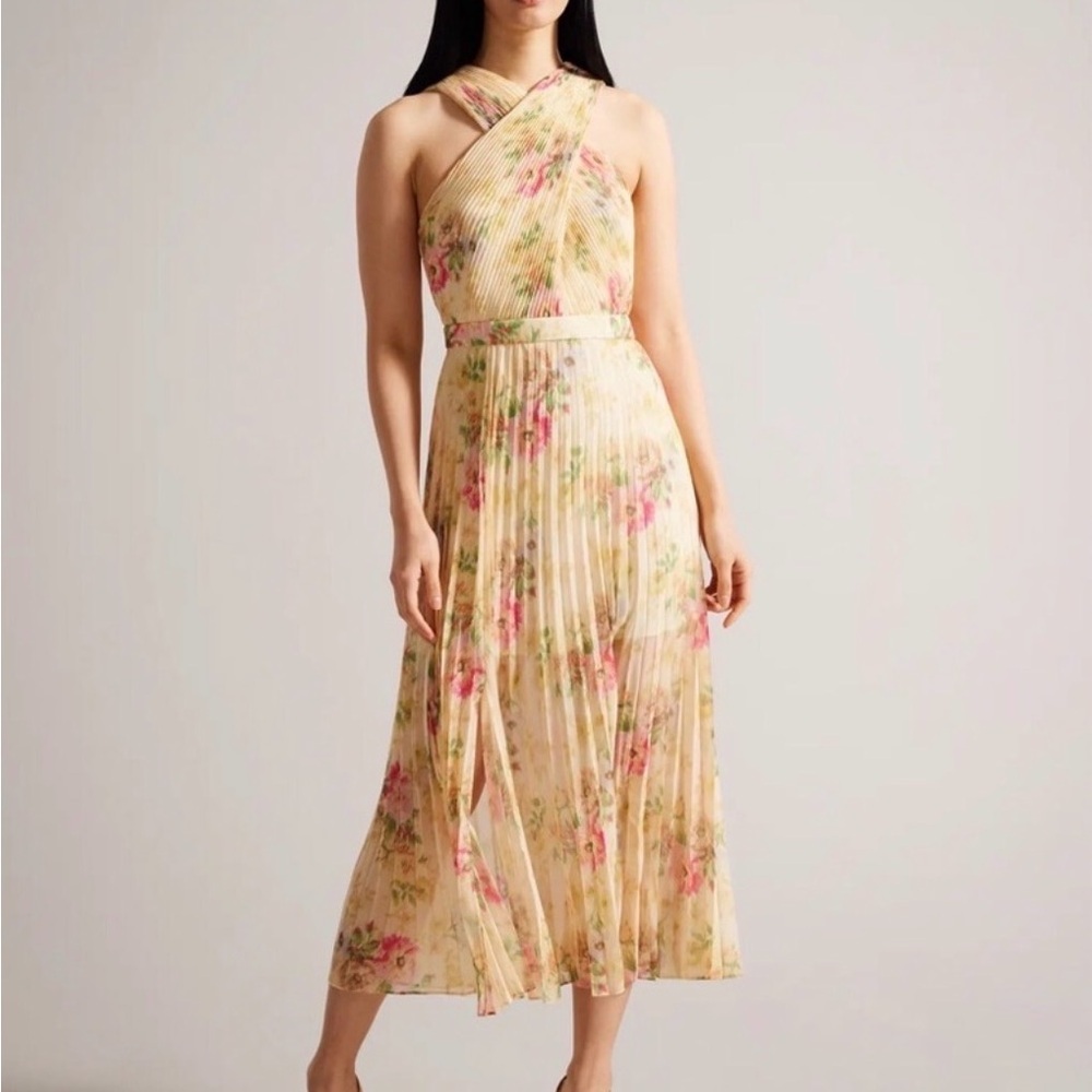 Ted Baker One-Shoulder Pleated Floral Midi Dress in Pale Yellow Pink size 0 NWT